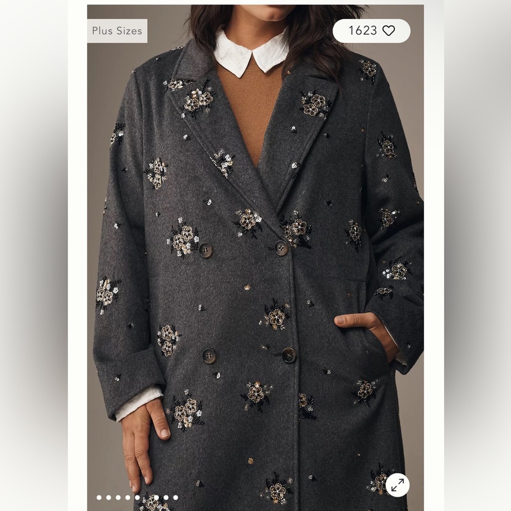 Anthropologie Gray Floral Embroidered Elegant Long Coat🖤🩶 - Picture 2 of 15